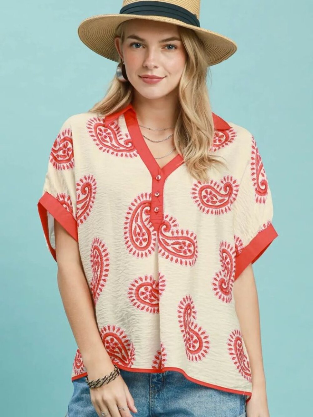 Umgee Paisley Print Contrast Trim Top NWT🛍️